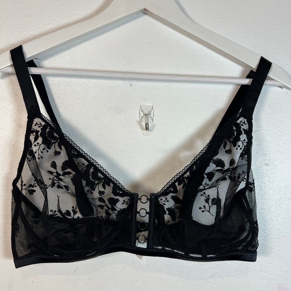 Simone Perele Black Lace Embroidered Full Cup Bra Hook Size 36E Sheer